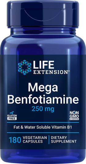 Life Extension Mega Benfotiamine 250 mg 180 capsules végétariennes, vue de l'emballage