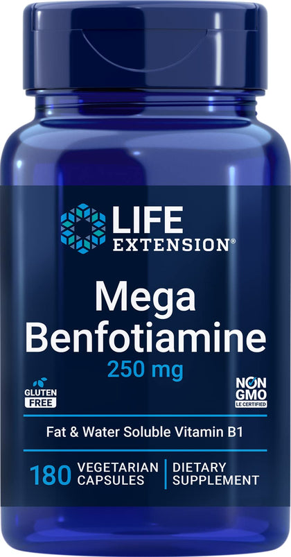 Life Extension Mega Benfotiamine 250 mg 180 capsules végétariennes, vue de l'emballage