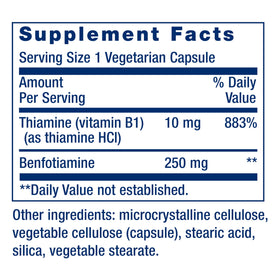 Life Extension Mega Benfotiamine 250 mg capsules on a wooden table