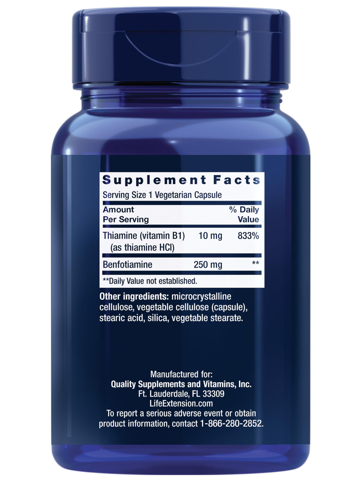 Life Extension Mega Benfotiamine 250 mg side view of the bottle