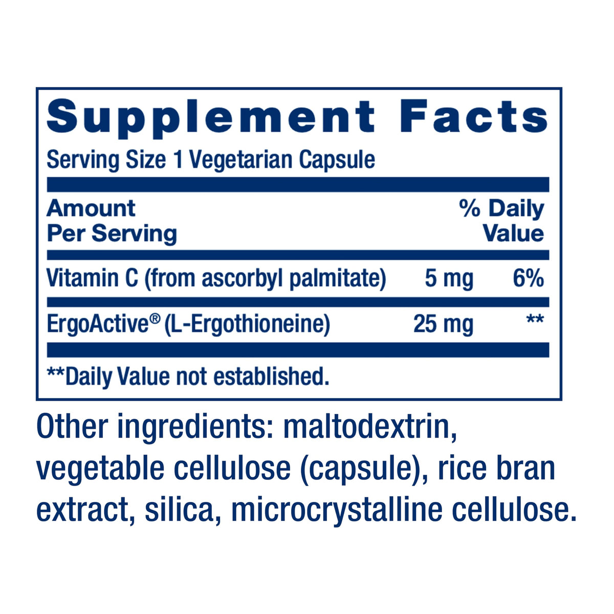 Life Extension Mega L-Ergothioneine 25 mg, capsules sur une table