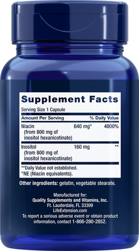 Life Extension Niacine sans rougeur 640 mg, emballage et informations nutritionnelles