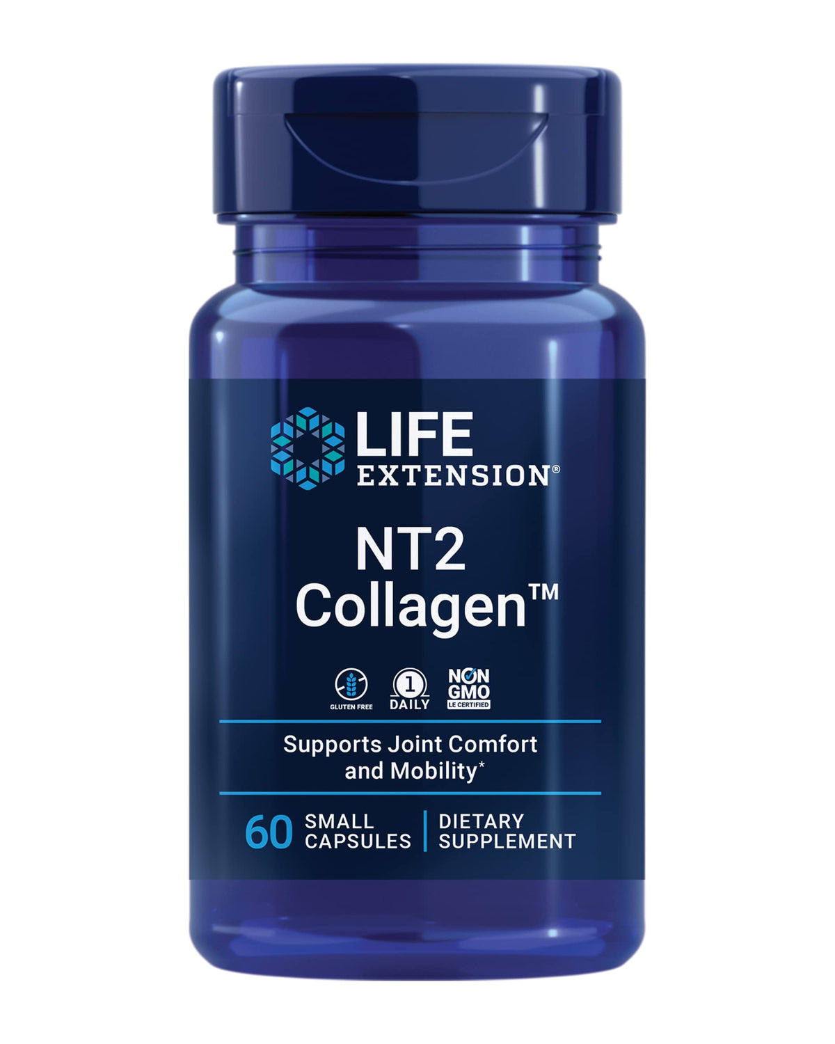 Life Extension NT2 Collagen™ 60 capsules avec étiquette sur fond blanc