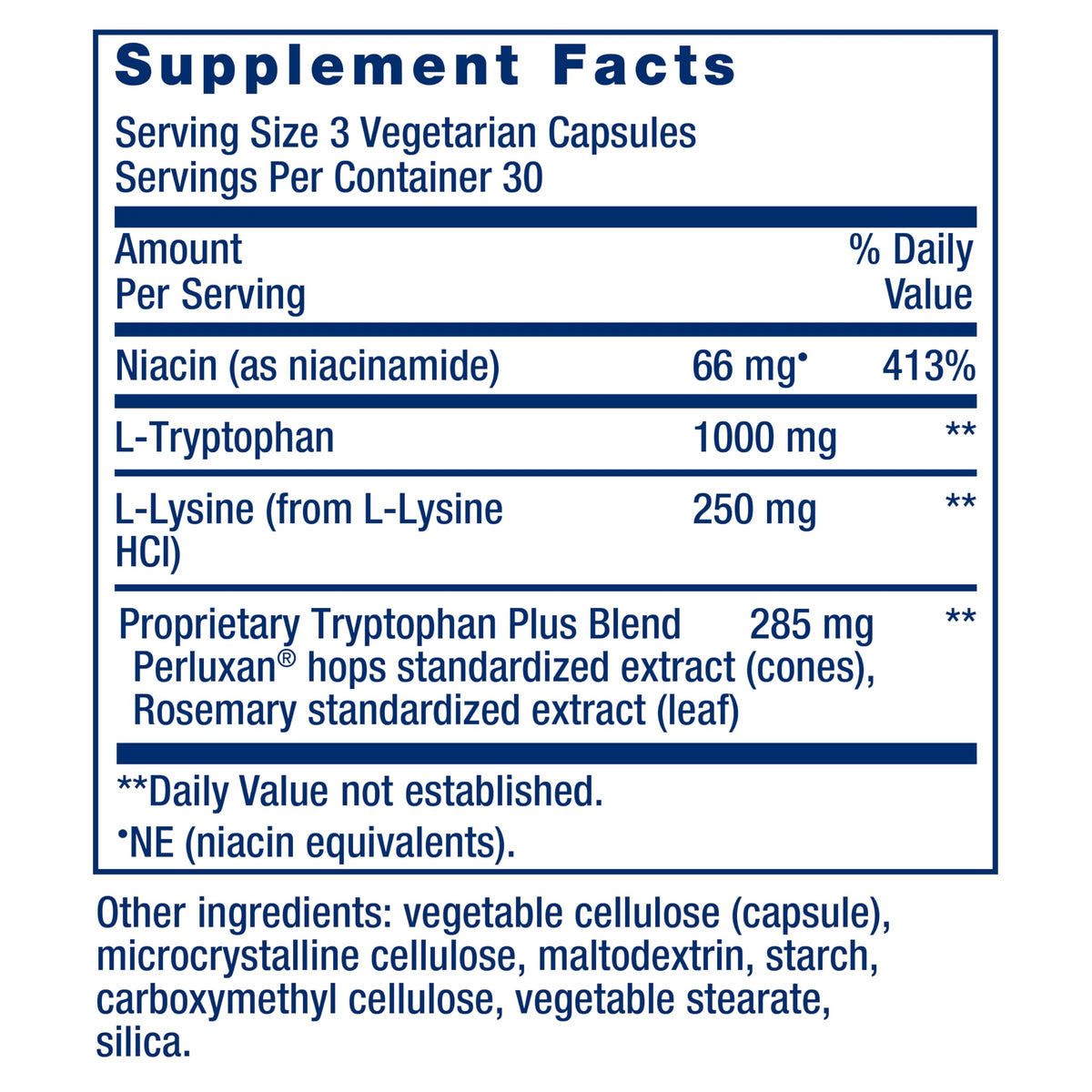 Life Extension Optimized Tryptophan Plus 1000mg étiquette détaillant les ingrédients