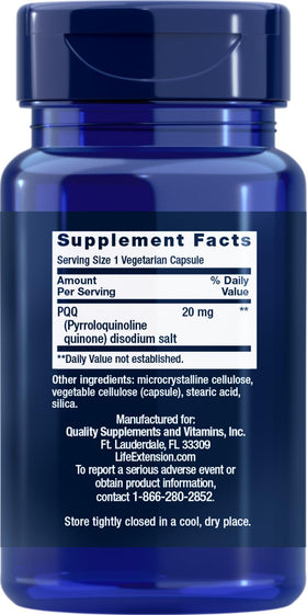 Life Extension PQQ 20 mg 60 Capsules Végétariennes vue de côté