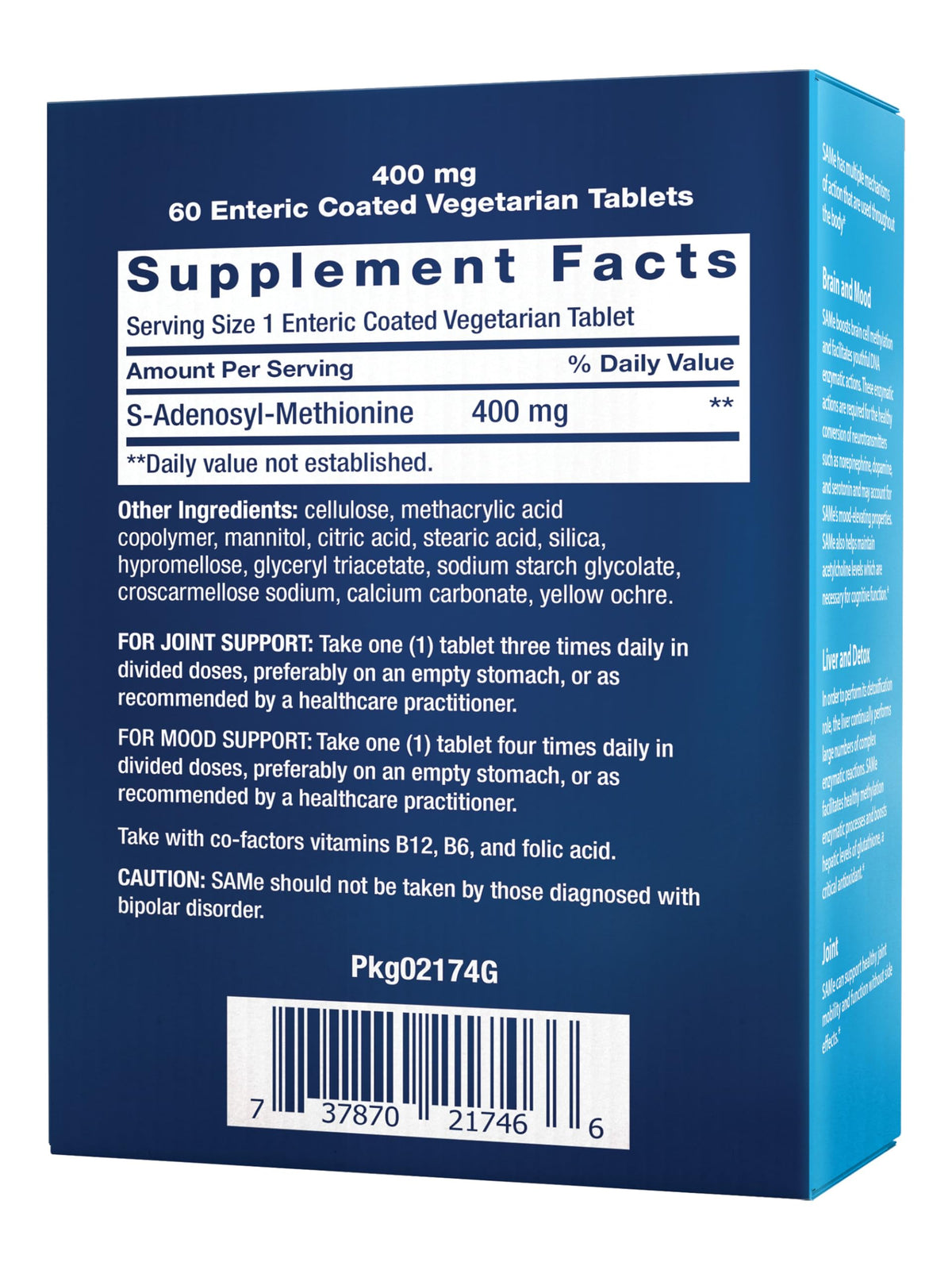 Life Extension SAMe 400 mg comprimés végétariens sur fond blanc
