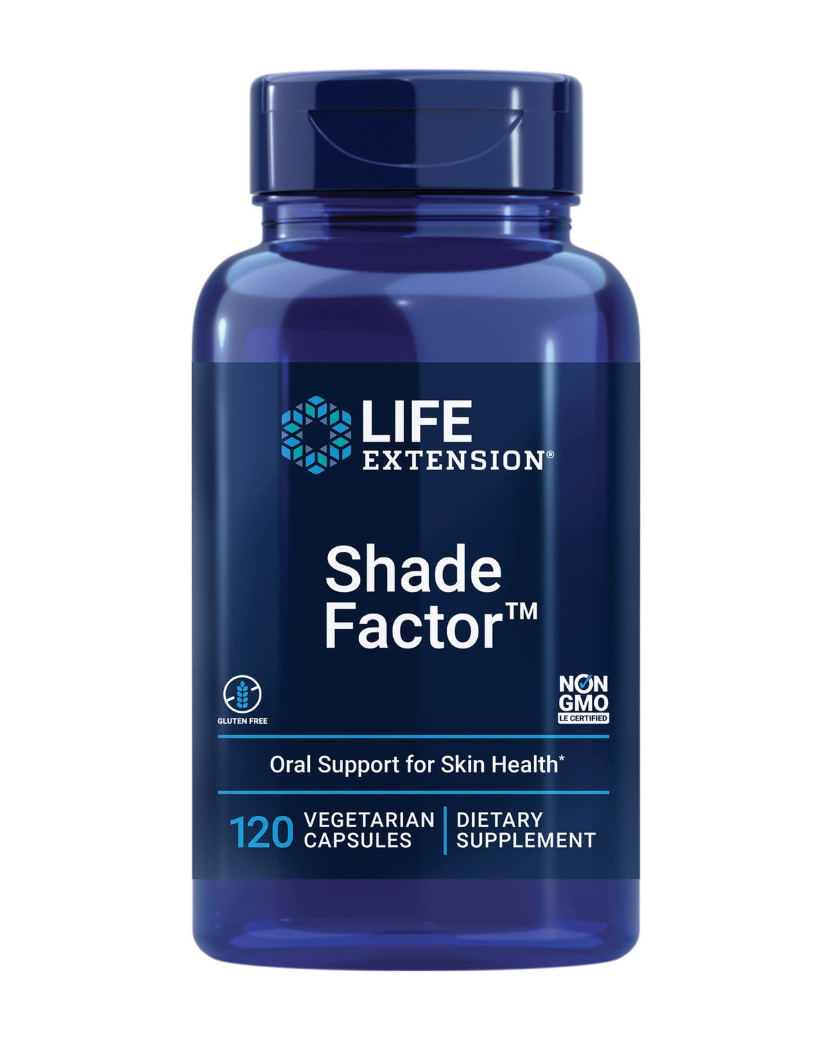 Life Extension Shade Factor 120 capsules végétariennes, vue avant du flacon