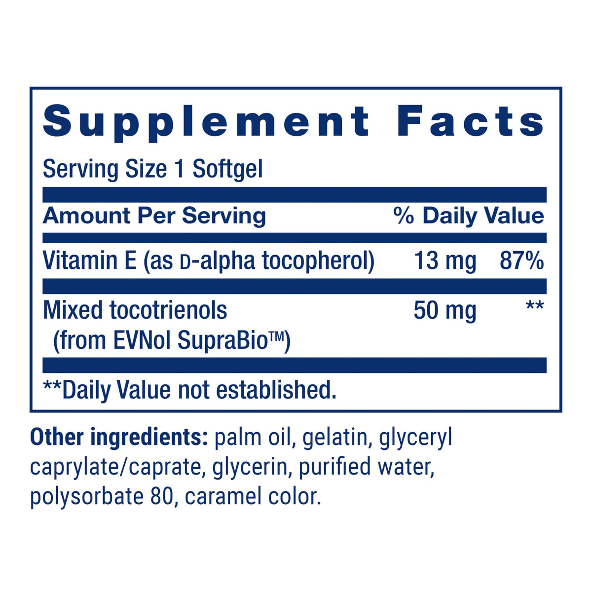 Life Extension Super Absorbable Tocotrienols ingrédients sur l'étiquette