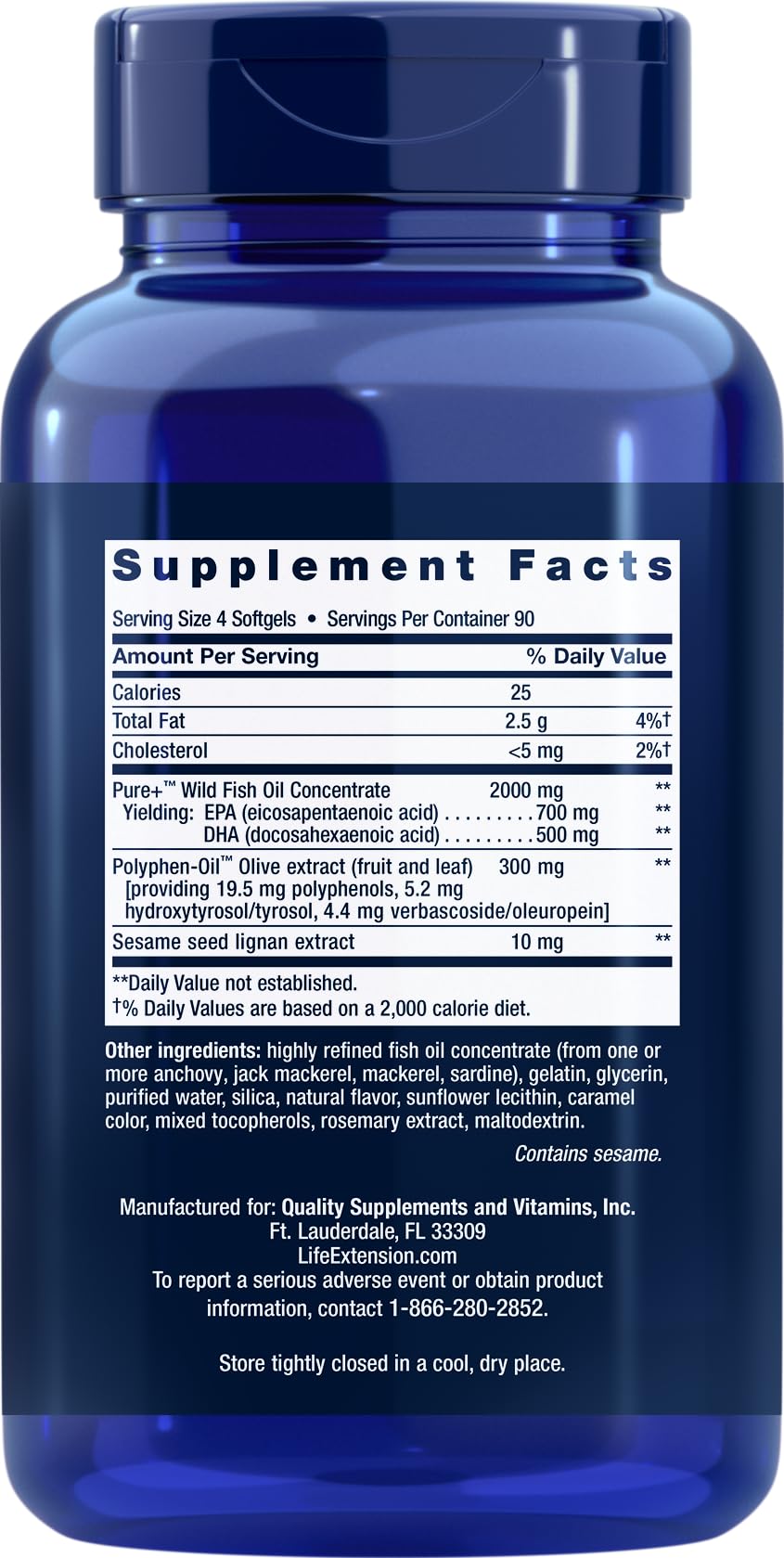 Life Extension Super Omega-3 360 gélules souples, vue arrière de l'emballage