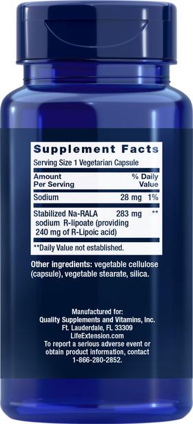 Life Extension Super R-Lipoic Acid 240 mg, étiquette du flacon