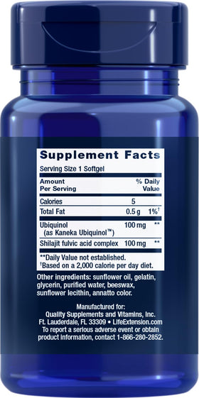 Life Extension Super Ubiquinol CoQ10 100 mg gélules avec vue arrière de l'emballage