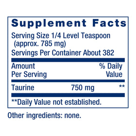 Life Extension Taurine Poudre 300g étiquette avec ingrédients