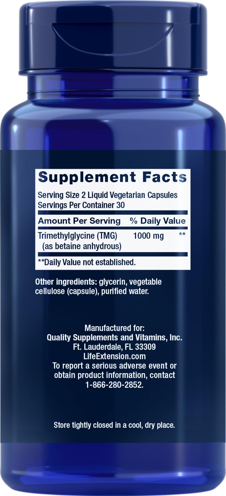 Life Extension TMG capsules végétariennes 500 mg, emballage et contenu