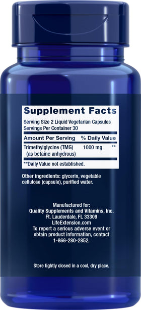 Life Extension TMG capsules végétariennes 500 mg, emballage et contenu