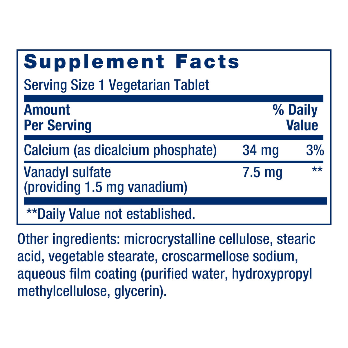 Life Extension Vanadyl Sulfate étiquette avec dosage de 7,5 mg