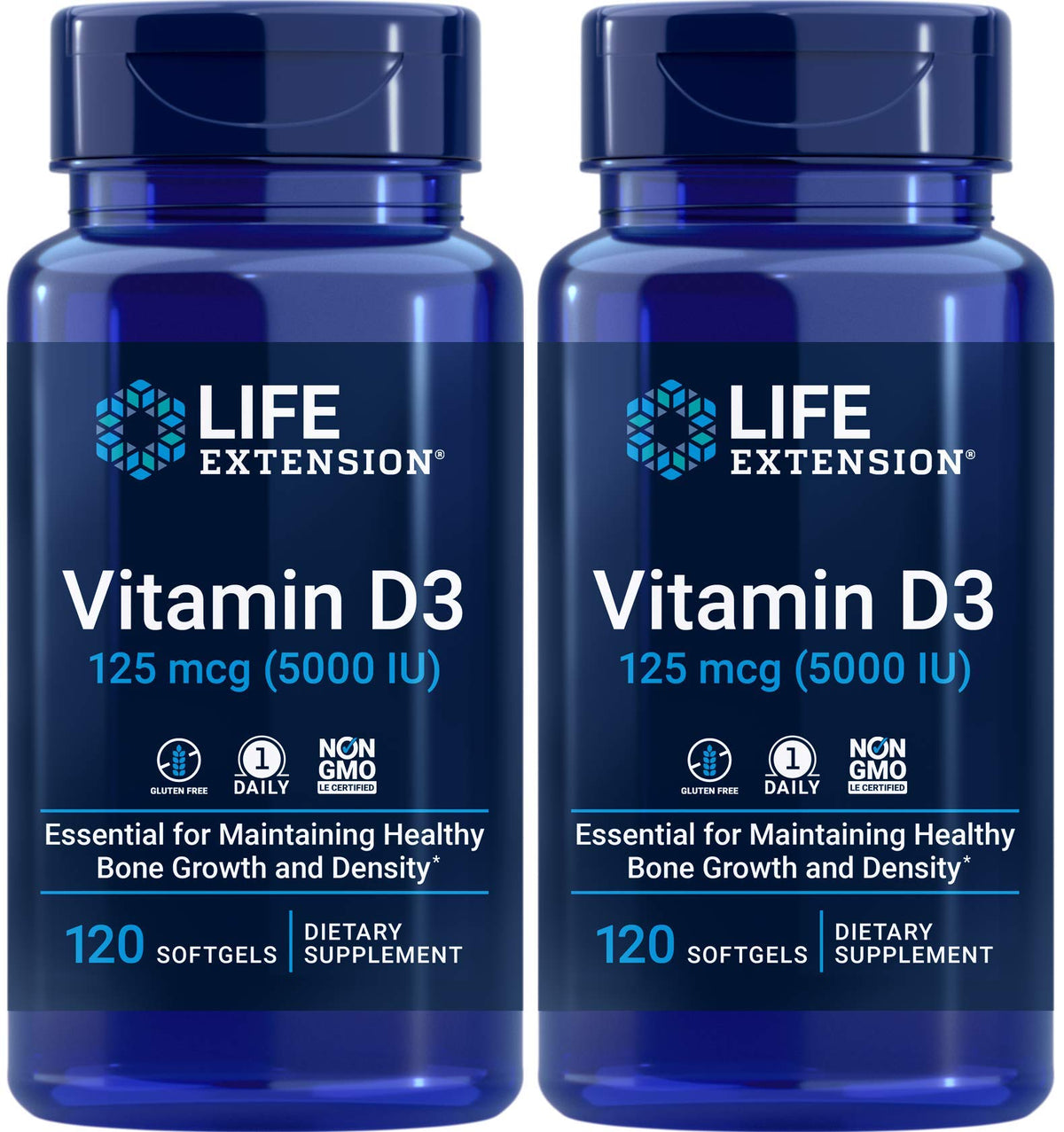 Life Extension Vitamine D3 5000 UI Pack de 2, 120 gélules molles avant