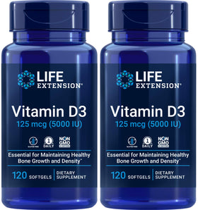 Life Extension Vitamine D3 5000 UI Pack de 2, 120 gélules molles avant