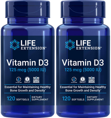 Life Extension Vitamine D3 5000 UI Pack de 2, 120 gélules molles avant