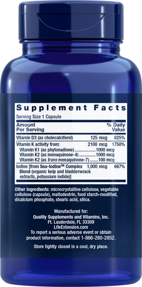 Life Extension Vitamines D et K avec Iode Marin - Détails des ingrédients