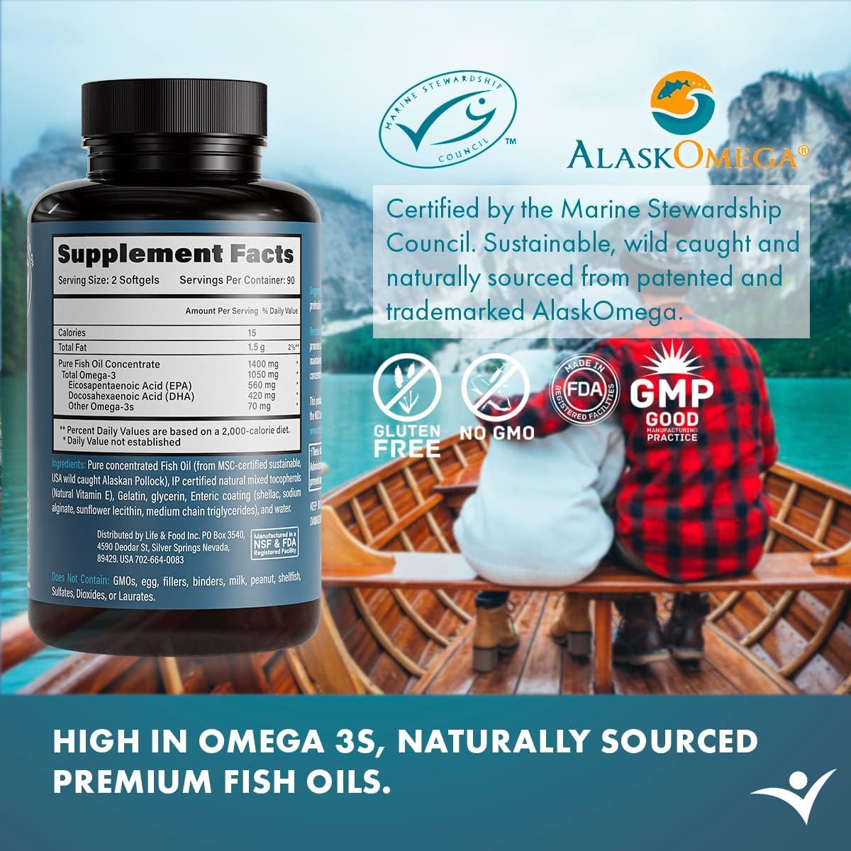 Life & Food Omega-3 1400 mg gélules sur une table en bois