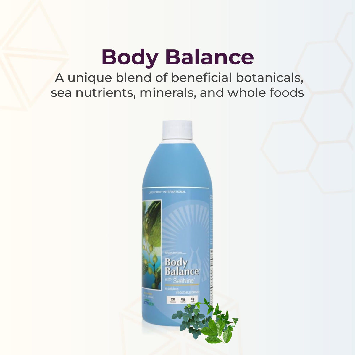 Life Force Body Balance étiquette détaillant les ingrédients