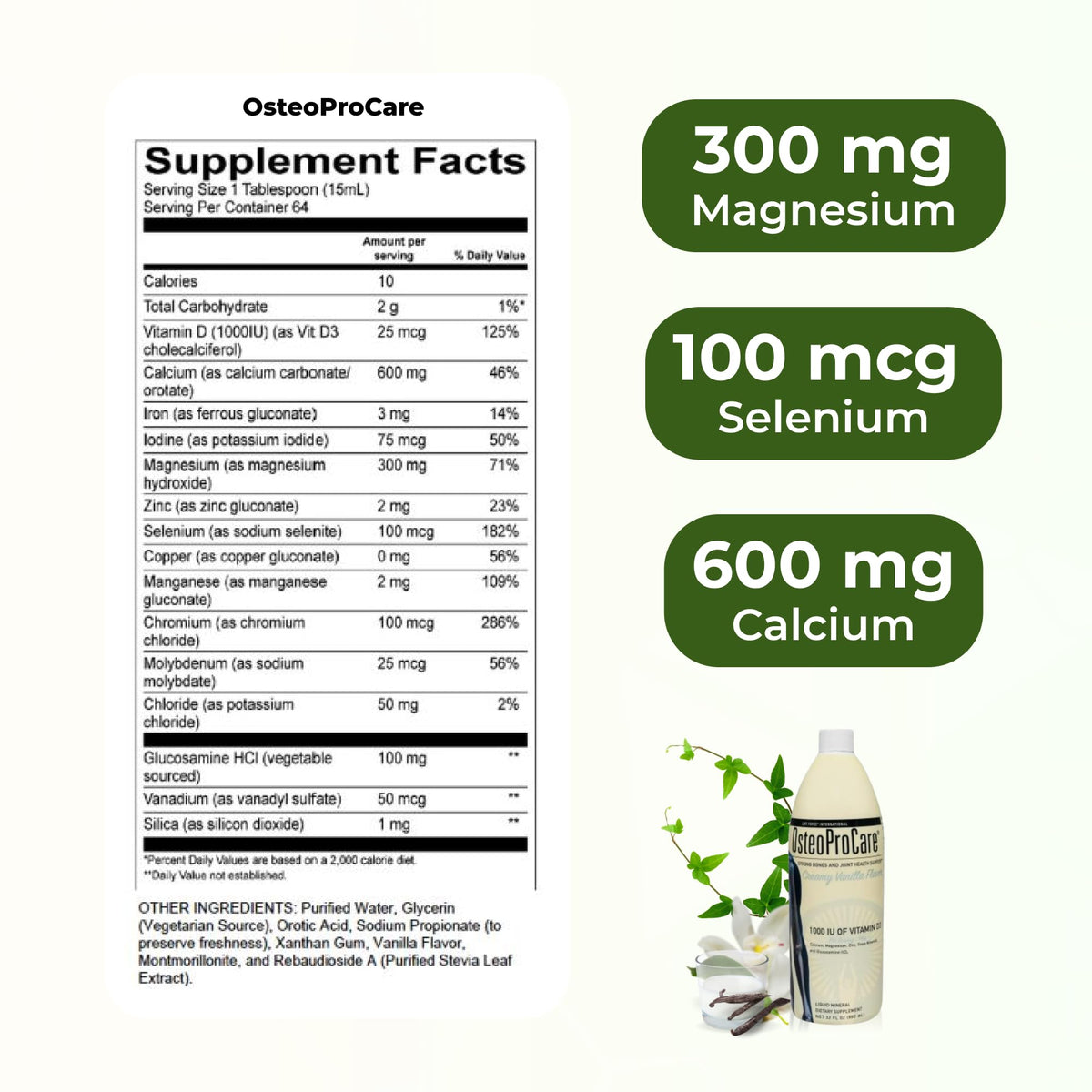 Life Force OsteoProCare Calcium Liquide D3 600 mg versement dans un verre