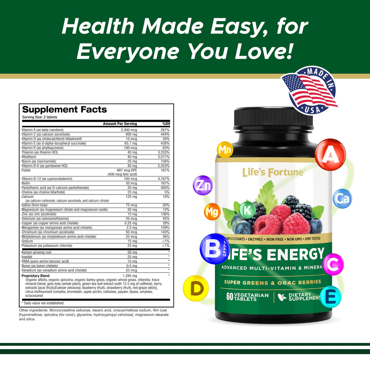 Life's Fortune Multivitamines Avancées 60 comprimés sur une table