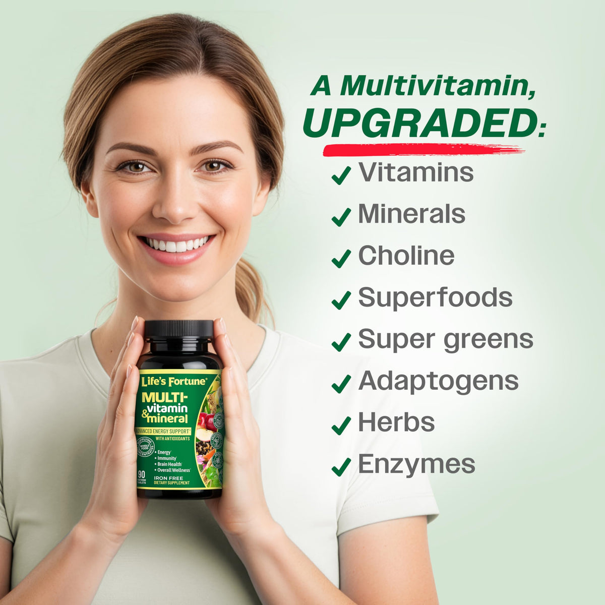 Life's Fortune Multivitamines avec des ingrédients naturels en arrière-plan