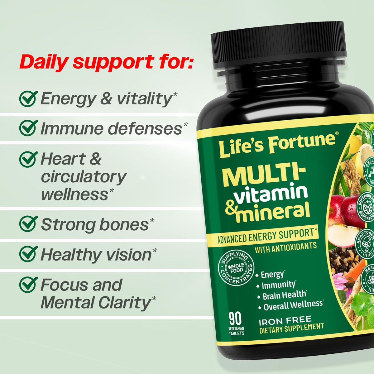 Life's Fortune Multivitamines comprimés végétariens sur une surface blanche