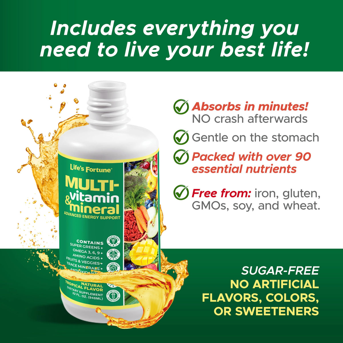 Life's Fortune multivitamines liquides 32 oz étiquette détaillée