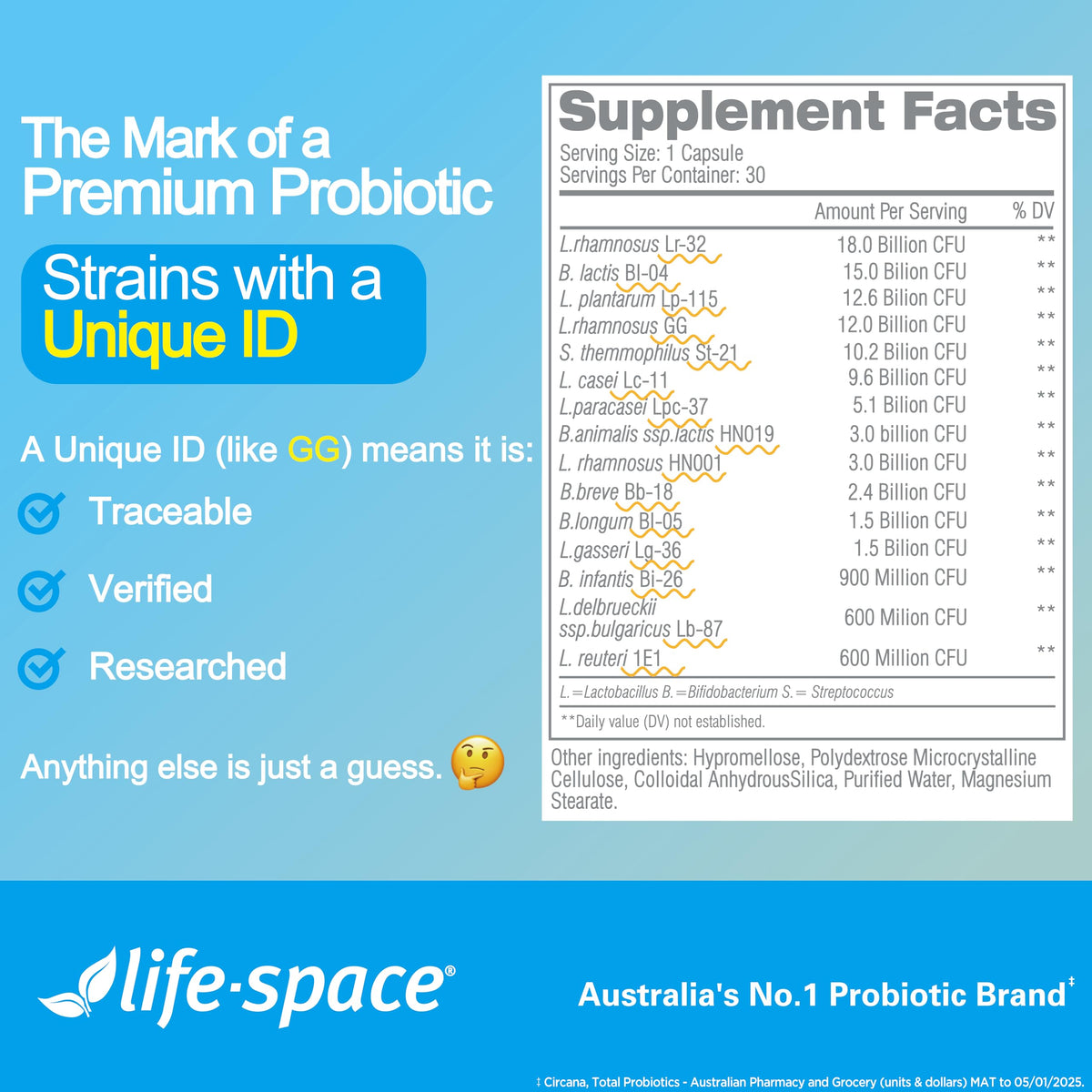 Life-Space Probiotique Triple Force capsules à côté d'un verre d'eau