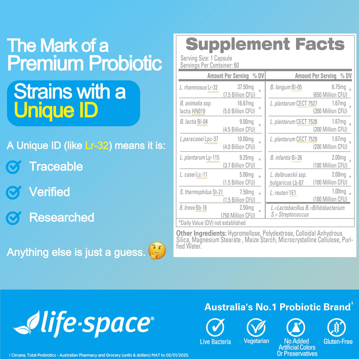 Life-Space Probiotiques 60+ ans 30B CFU 60 Ct avec ingrédients naturels