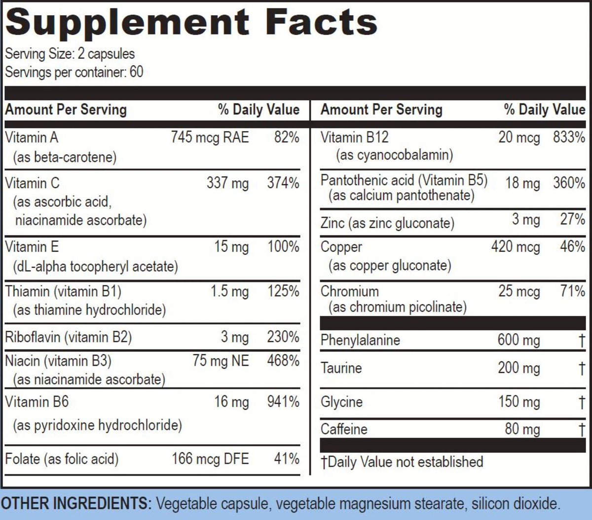 Life support Blast Caps 60 capsules, vue arrière avec ingrédients