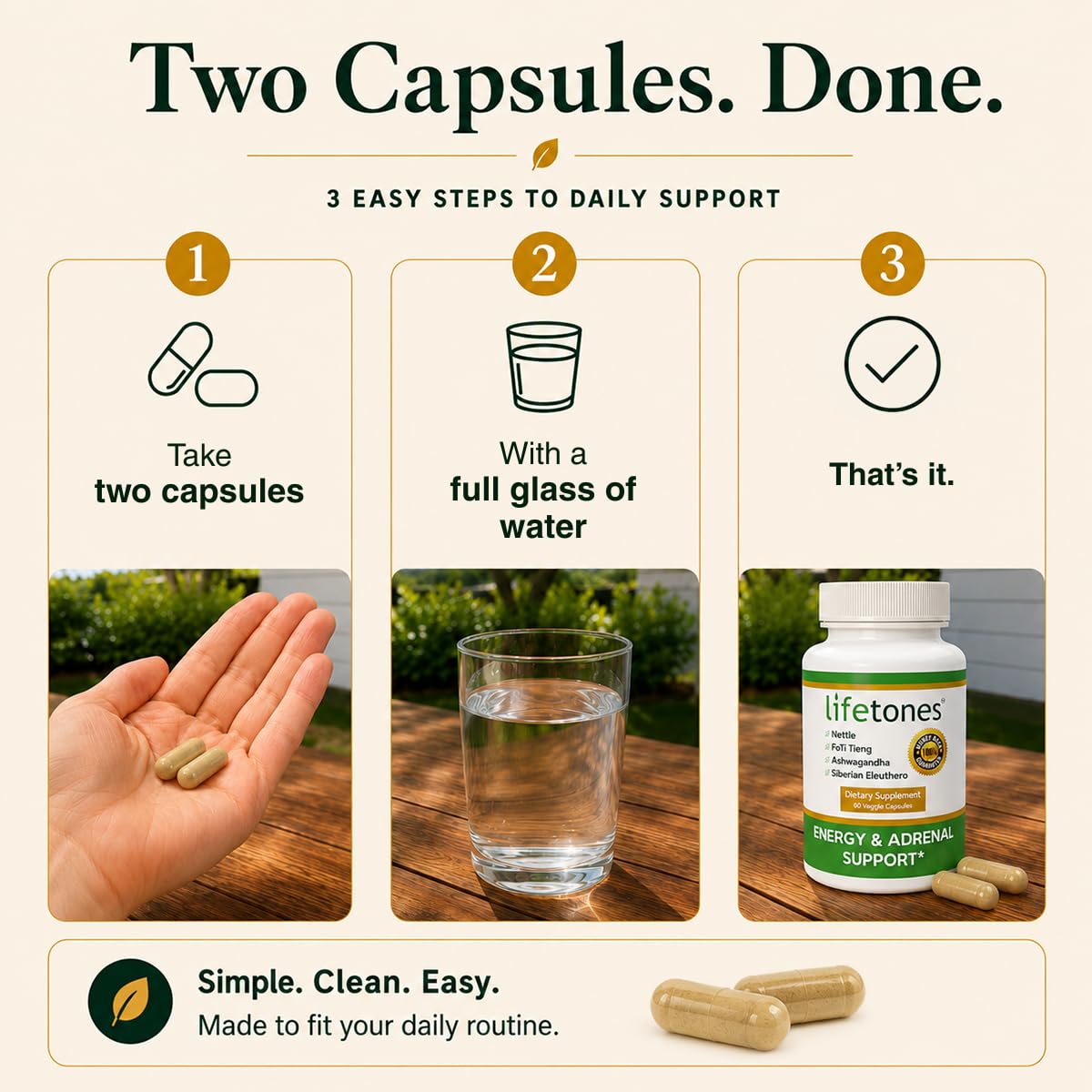 Life Tones Énergie et Soutien Surrénalien flacon ouvert avec capsules visibles