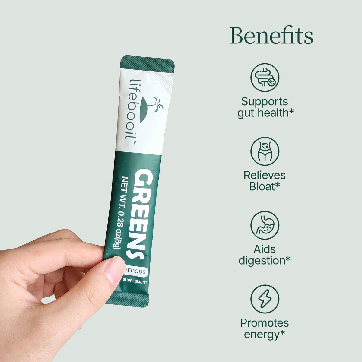 Lifebooil Poudre Super Greens mélange dans un verre d'eau