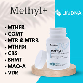 LIFEDNA Methyl + Methylfolate capsules à côté d'un verre d'eau