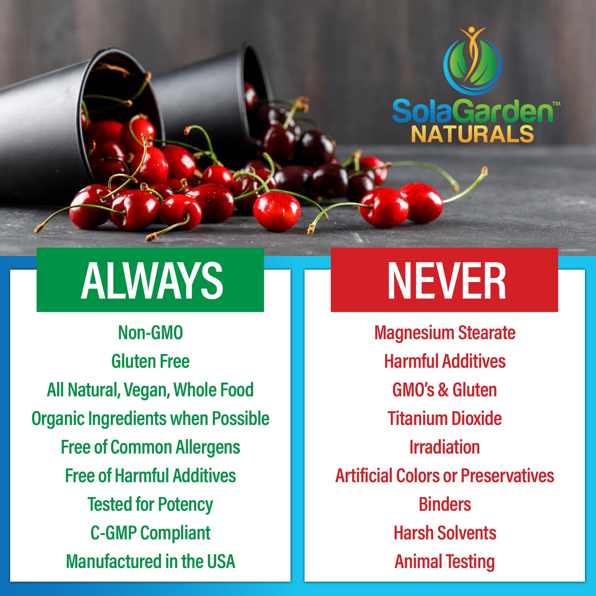 LifeGarden Naturals Supplément Cerise Acide 50:1 60 Capsules ouvertes montrant les capsules