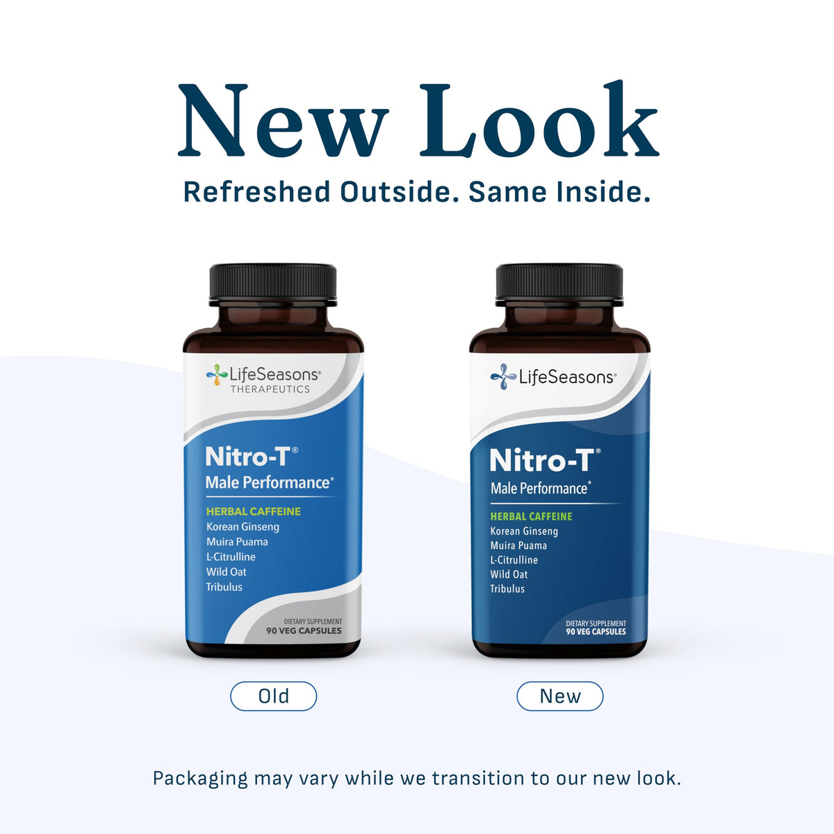 LifeSeasons Nitro-T 90 capsules avec une main tenant le flacon