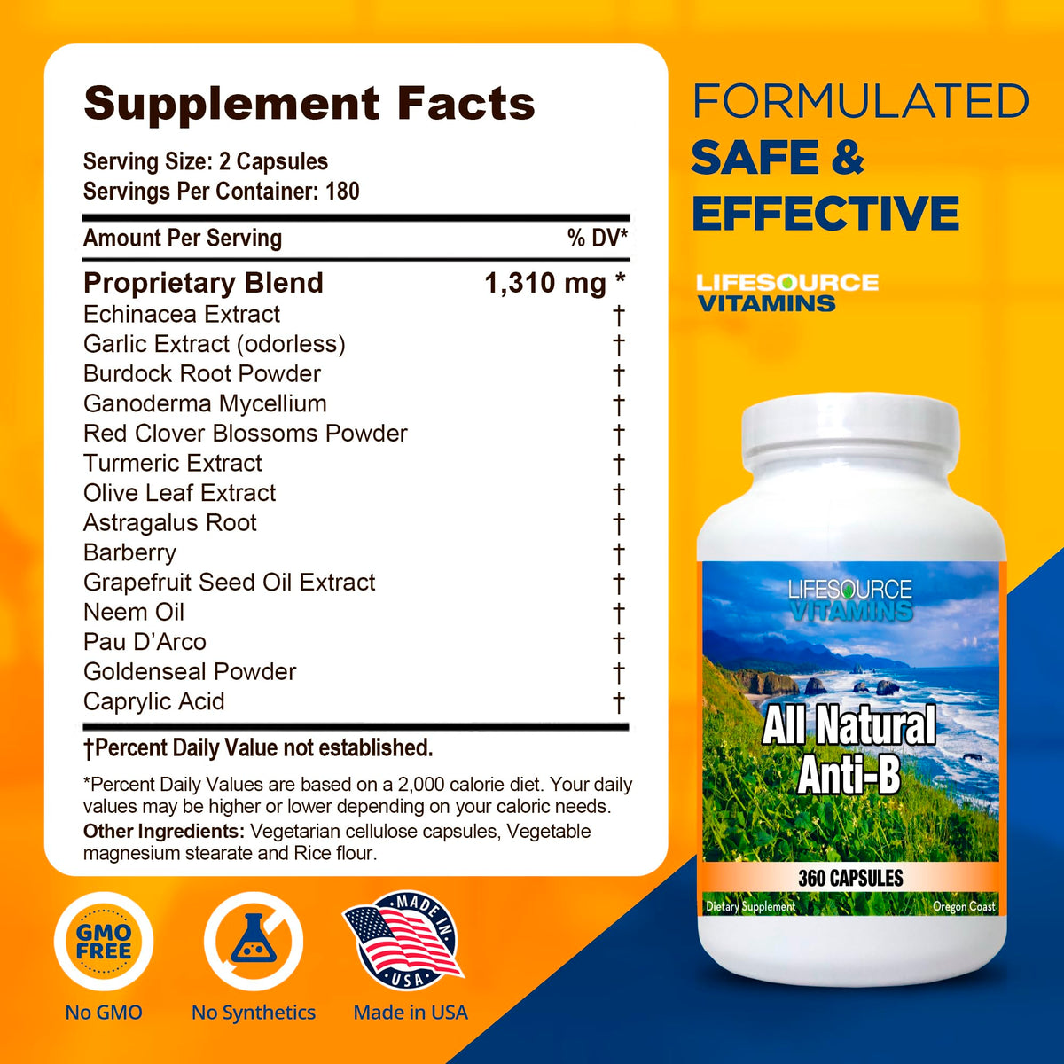LifeSource Vitamins Complément Alimentaire Anti-B 360 Capsules, vue arrière avec ingrédients