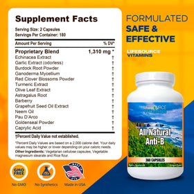 LifeSource Vitamins Complément Alimentaire Anti-B 360 Capsules, vue arrière avec ingrédients