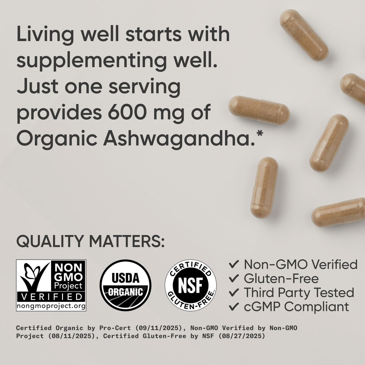 Lifestyle image of Ashwagandha capsules with herbal background