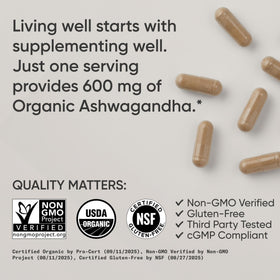 Lifestyle image of Ashwagandha capsules with herbal background