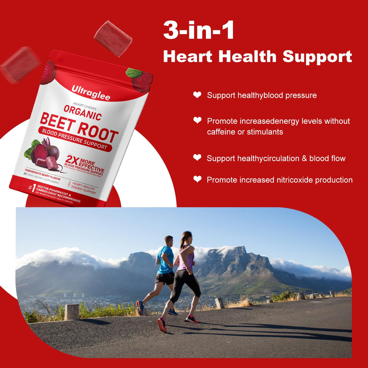 Lifestyle scene with Ultraglee Beetsroot Heart Chews