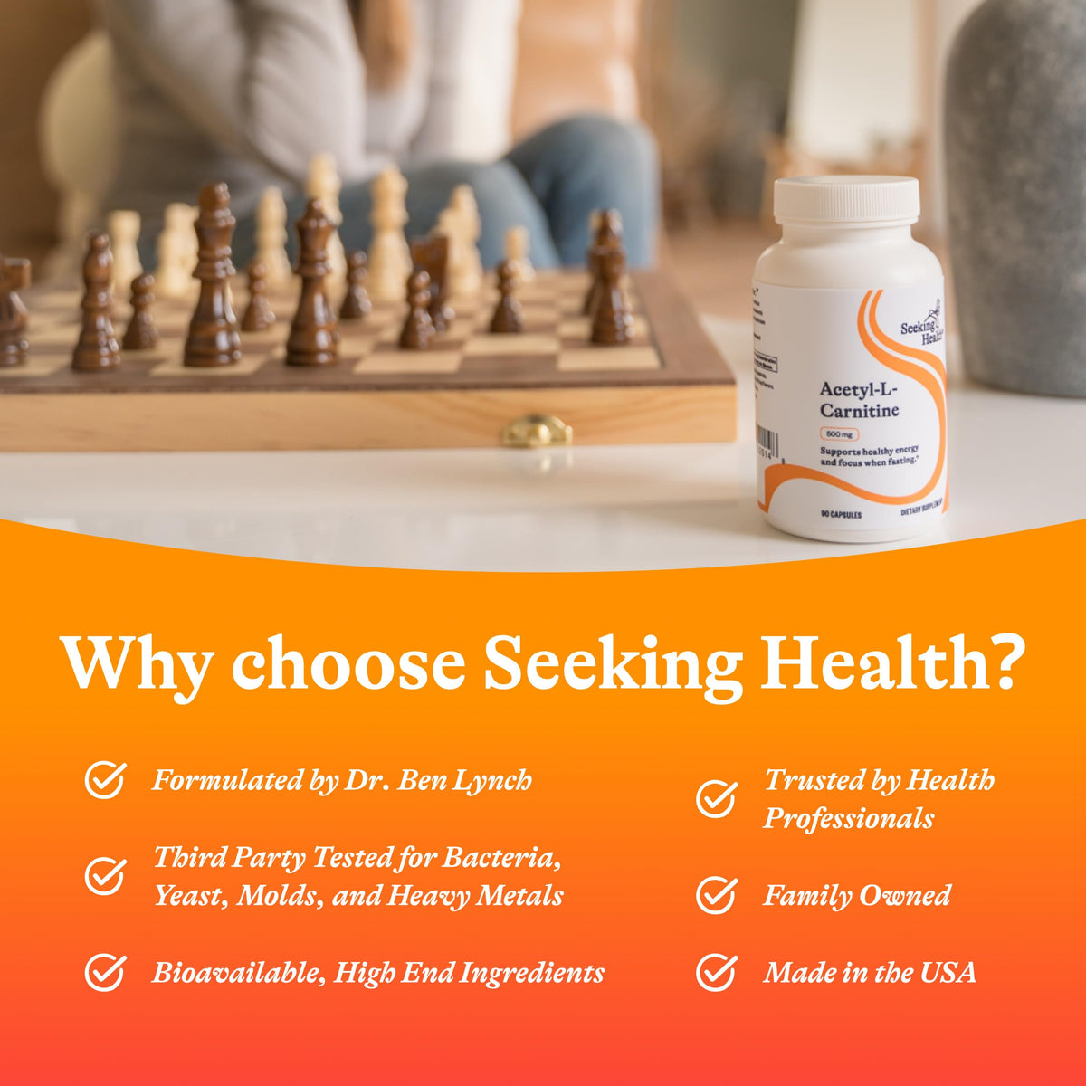 Lifestyle shot of Seeking Health Acetyl-L-Carnitine on a desk