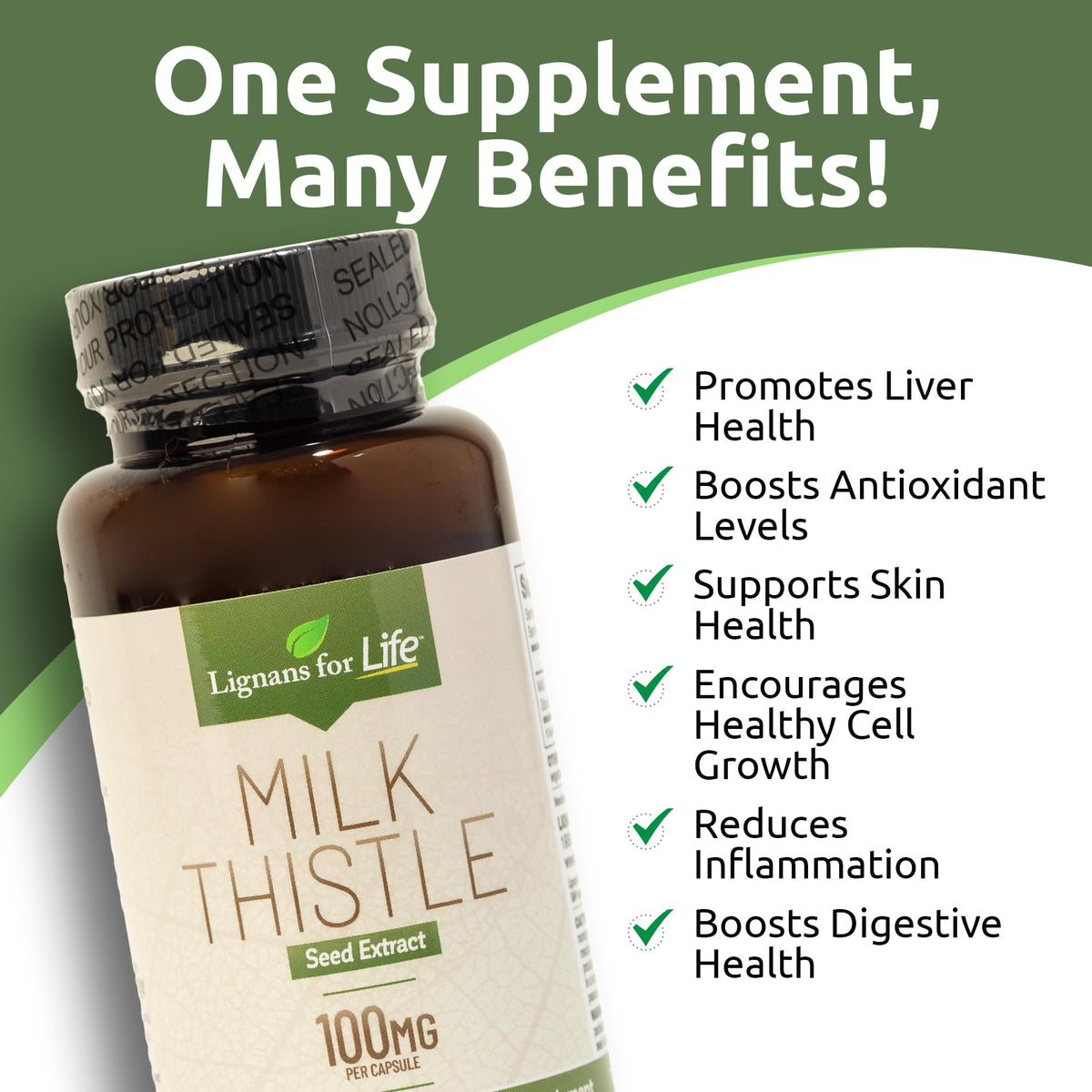 Lignans For Life Extrait de Chardon-Marie 100mg 60 capsules sur fond blanc