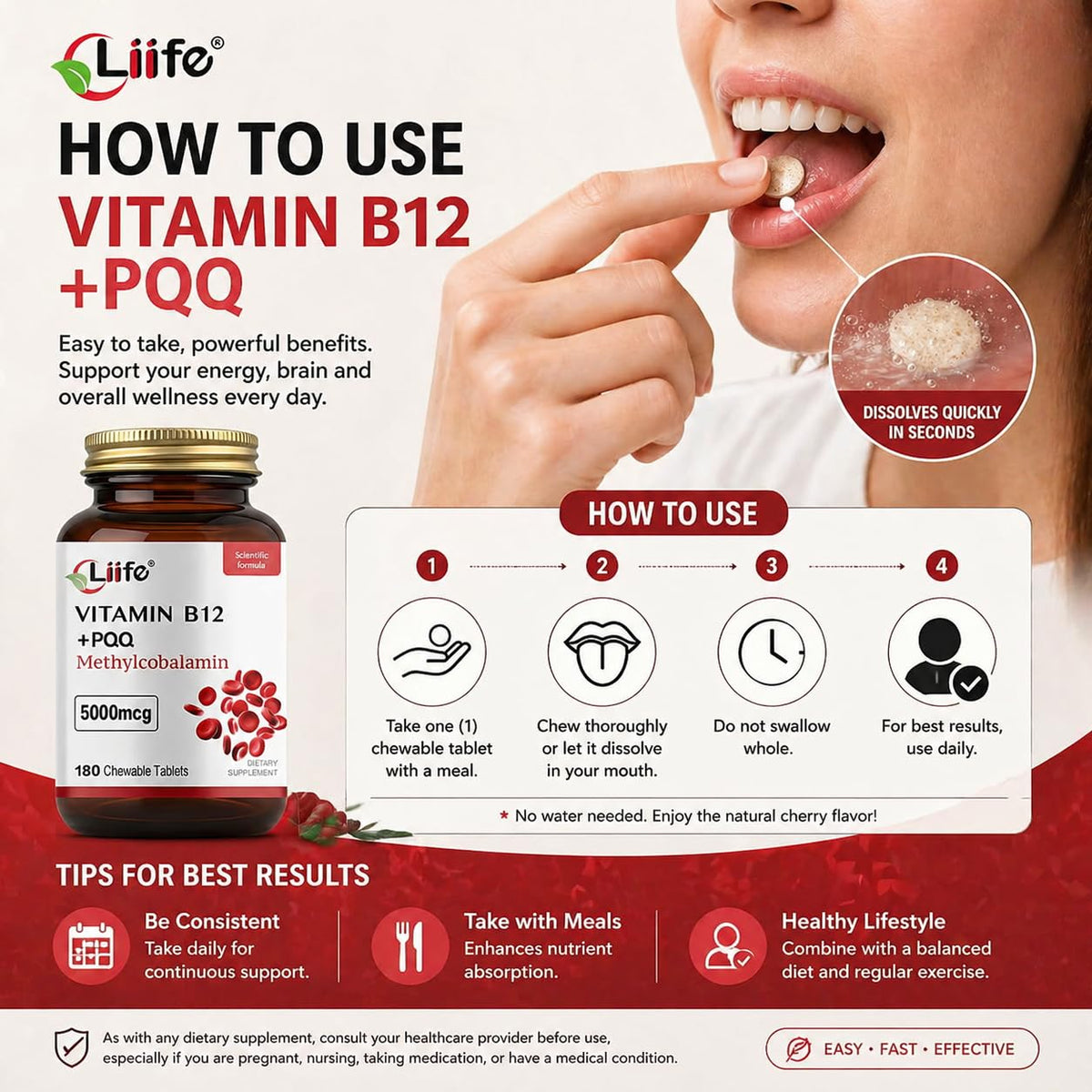 LIIFE Methylcobalamin B12 avec un verre d'eau