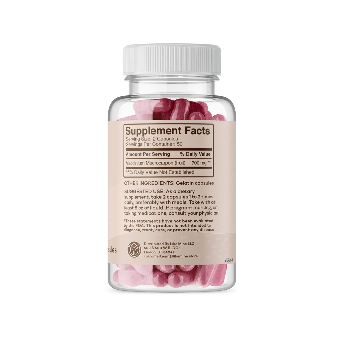 Like Mine Extrait de Canneberge 100 Capsules avec étiquette et dosage