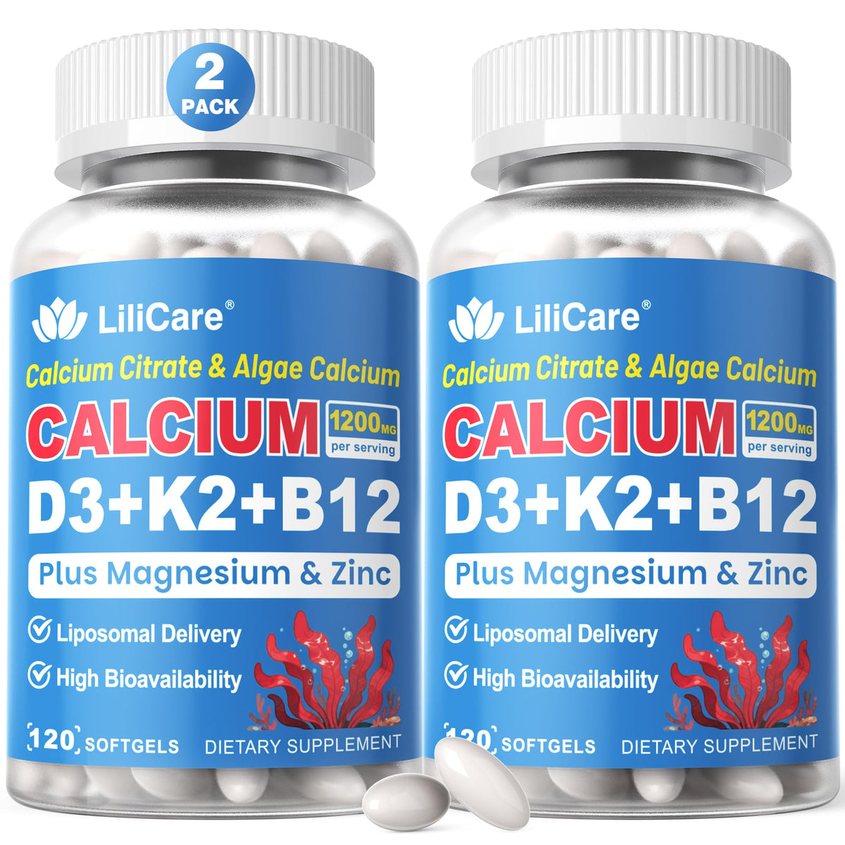 LILICARE Calcium 1200 mg avec Vitamine D3 K2 gélules avant