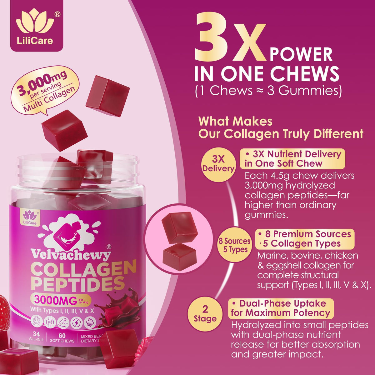 LILICARE Collagen Gummies 3000mg Biotin with fruits