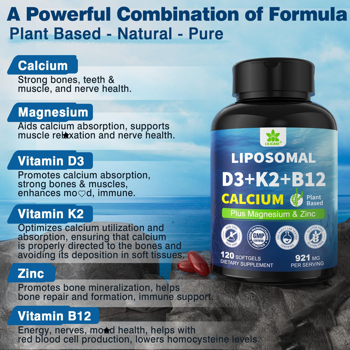 LILICARE Complément Alimentaire Calcium 600mg D3 K2 5000 IU - bouteille ouverte